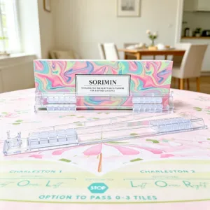 Clear acrylic Mahjong tile rack set with decorative retail packaging