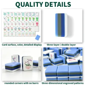 Peacock blue mahjong tile set showing card surface detail, layered acrylic edge, rounded corners and engraved patterns