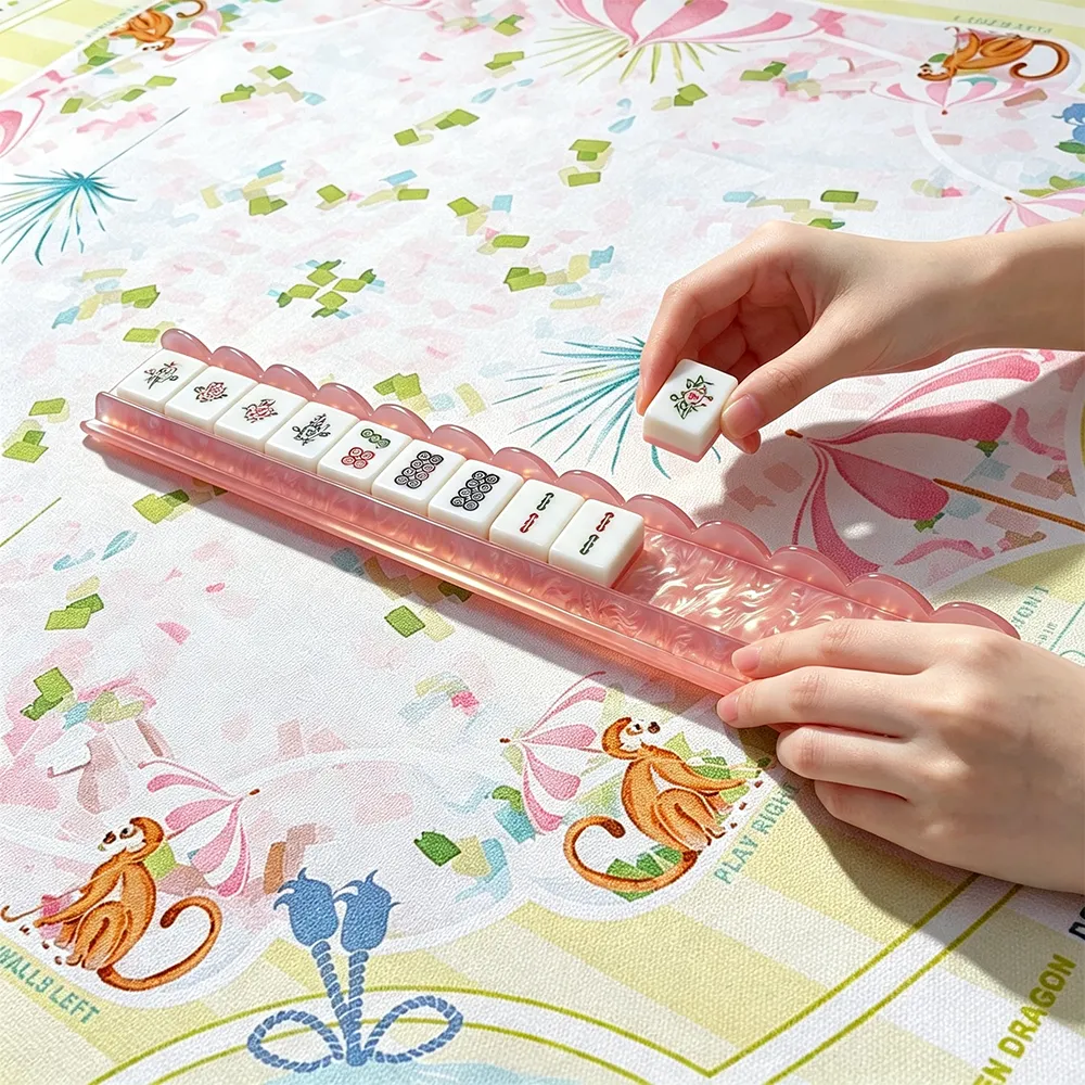 Pearl Pink Acrylic Mahjong Tile Rack in Use with Mahjong Tiles