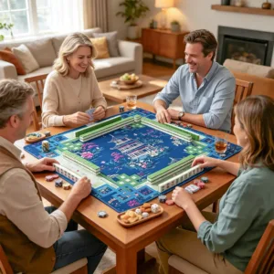 Four Players Using a Blue Printed Rubber Mahjong Table Mat