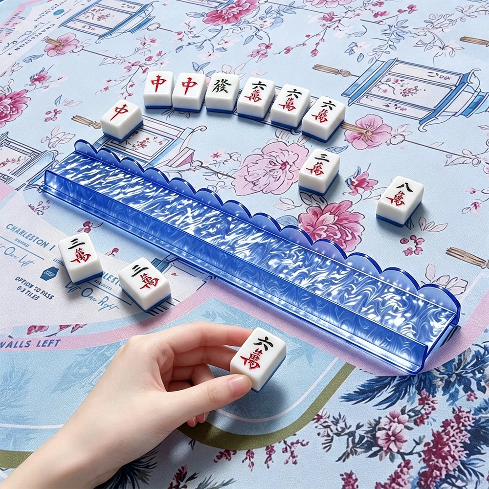 Blue Marble Acrylic Mahjong Tile Rack in Use