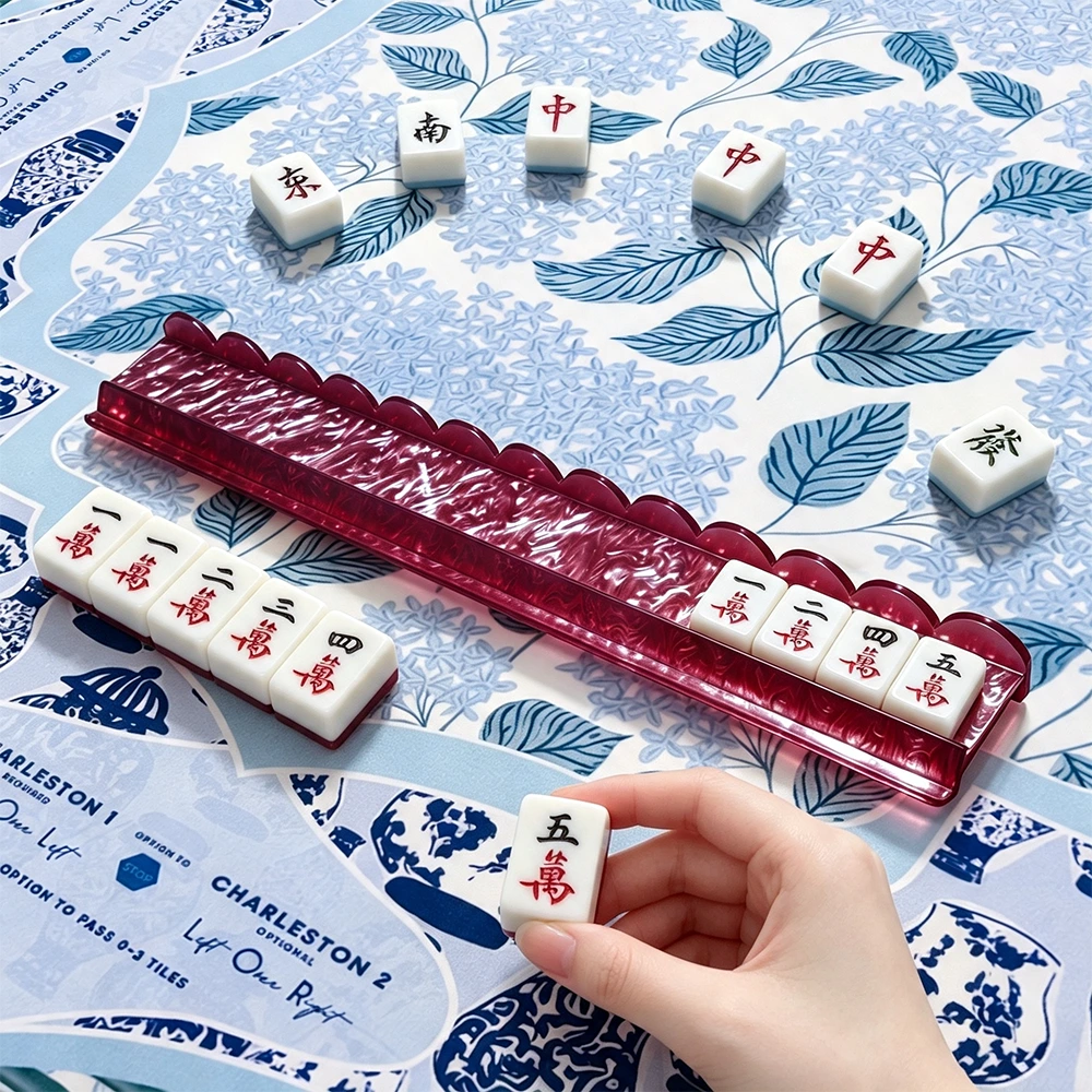 Pearl Red Acrylic Mahjong Tile Rack in Use