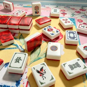 Complete ruby red acrylic Mahjong tile set with crane-inspired designs