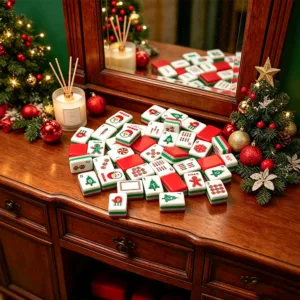 Detailed display of Christmas acrylic Mahjong tiles with festive colours and holiday themed artwork.