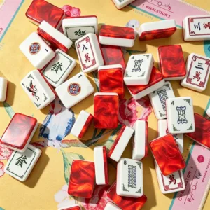 Luxury ruby red crane Mahjong tile set arranged for gameplay
