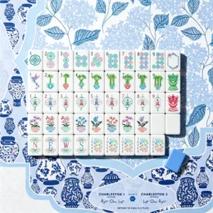 Peacock blue mahjong tile set with full tile layout on floral background