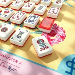 Close-up of ruby red crane acrylic Mahjong tiles with detailed playing symbols
