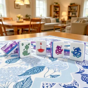 Purple marble mahjong tile set displayed in home living room setting