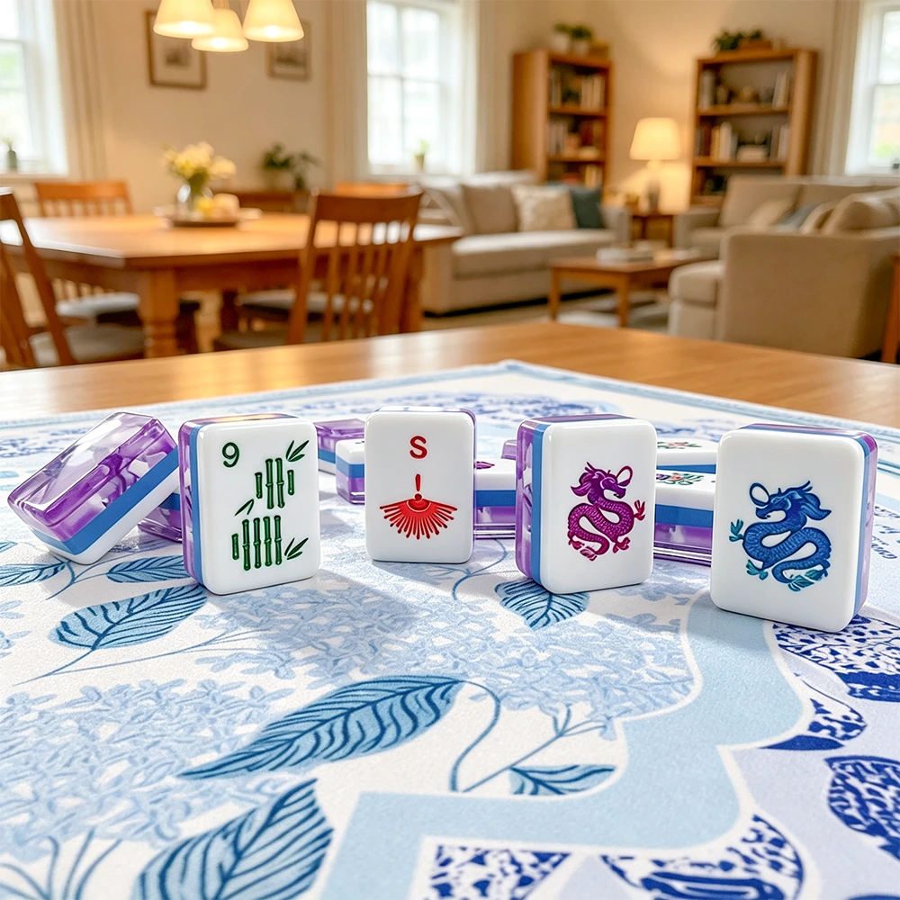 Purple marble mahjong tile set displayed in home living room setting