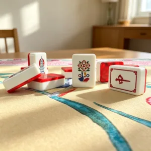 Ruby red crane acrylic Mahjong tiles displayed on a table