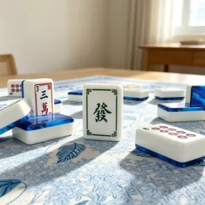Sapphire blue mahjong tiles arranged on table with crane pattern detail
