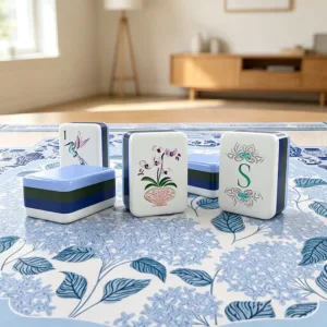 Peacock blue mahjong tile set displayed in cozy home living room setting