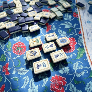Close-up of Sapphire Trail blue and ivory acrylic Mahjong tiles on a floral mat