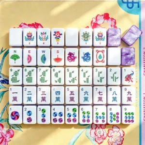 Purple marble acrylic mahjong tile set with full tile layout on table