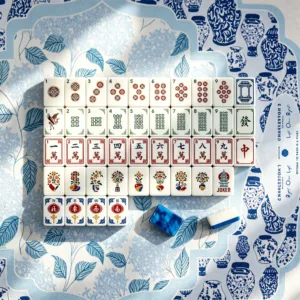 Sapphire crane mahjong tile set with full tile layout on floral background