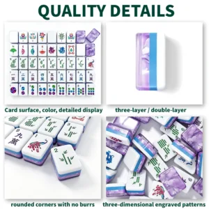 Purple marble mahjong tile set showing card surface detail, layered acrylic edge, rounded corners and engraved patterns