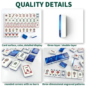 Sapphire blue mahjong tile set showing card surface detail, layered acrylic edge, rounded corners and engraved patterns
