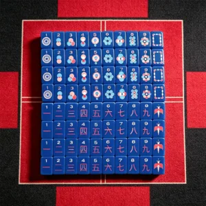Deep Blue Mahjong Tile Set with Colourful Engraved Designs