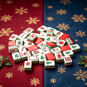 Factory production image of Christmas themed acrylic Mahjong tile set with colourful holiday designs.