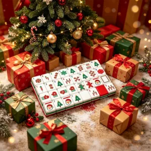 Christmas acrylic Mahjong tiles showing the back and side view with festive patterns and premium transparent acrylic material.