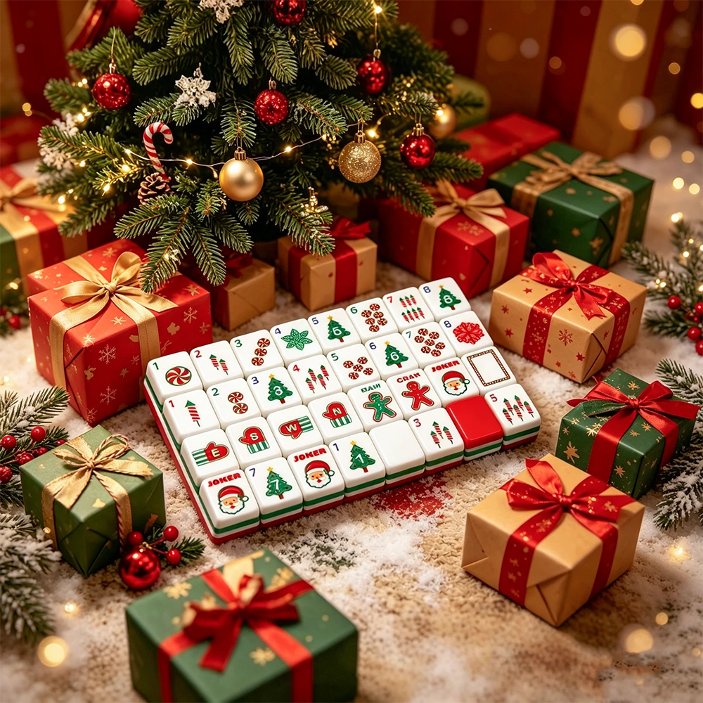 Christmas acrylic Mahjong tiles showing the back and side view with festive patterns and premium transparent acrylic material.