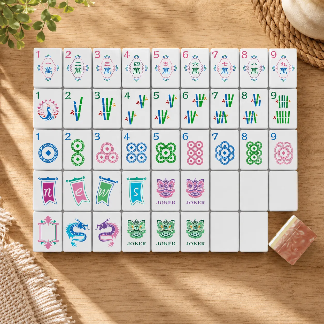 Full pink marble acrylic Mahjong tile collection with colourful face designs arranged on a wooden table