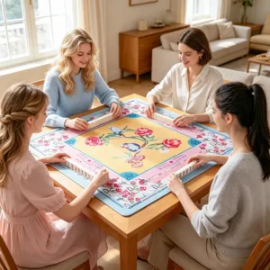 Four Players Using a Pink and Blue Mahjong Table Mat