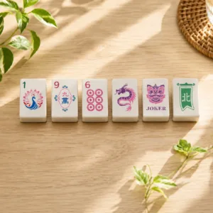 Close-up of pink marble acrylic Mahjong tiles featuring colourful classic and decorative face designs