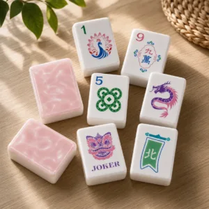 Pink marble-backed acrylic Mahjong tiles with colourful face designs displayed on a light wooden table