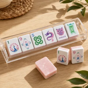Purple marble-backed Mahjong tiles with colourful face designs displayed in a tile rack