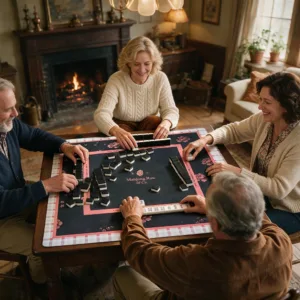 Four Players Using an Elegant Floral Mahjong Table Mat