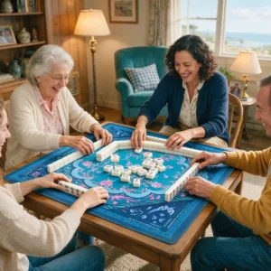 Four Players Using a Blue Floral Mahjong Table Mat