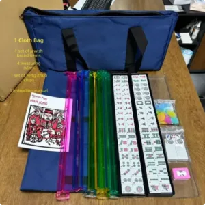 Melamine Mahjong tile set with blue storage bag, racks and accessories