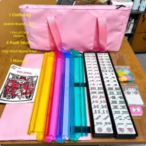 Melamine Mahjong tile set with blue storage bag, racks and accessories