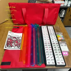 Single-layer Mahjong tile set with red storage bag and game accessories