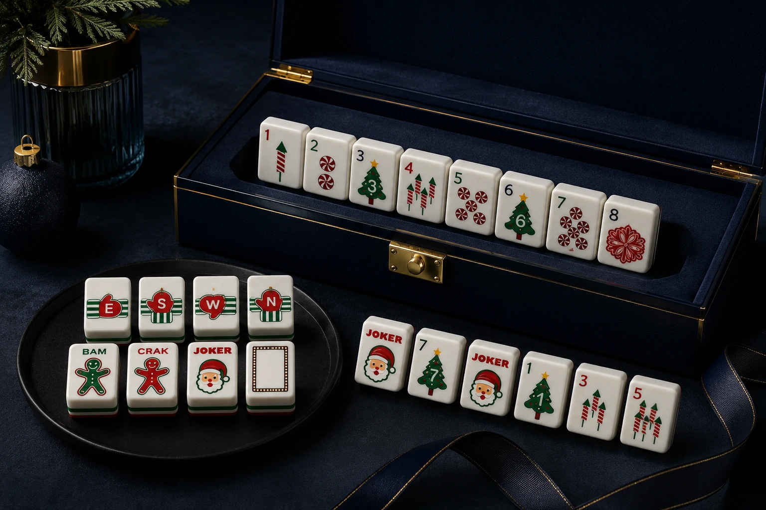 Christmas-themed American mahjong tile set in navy gift box