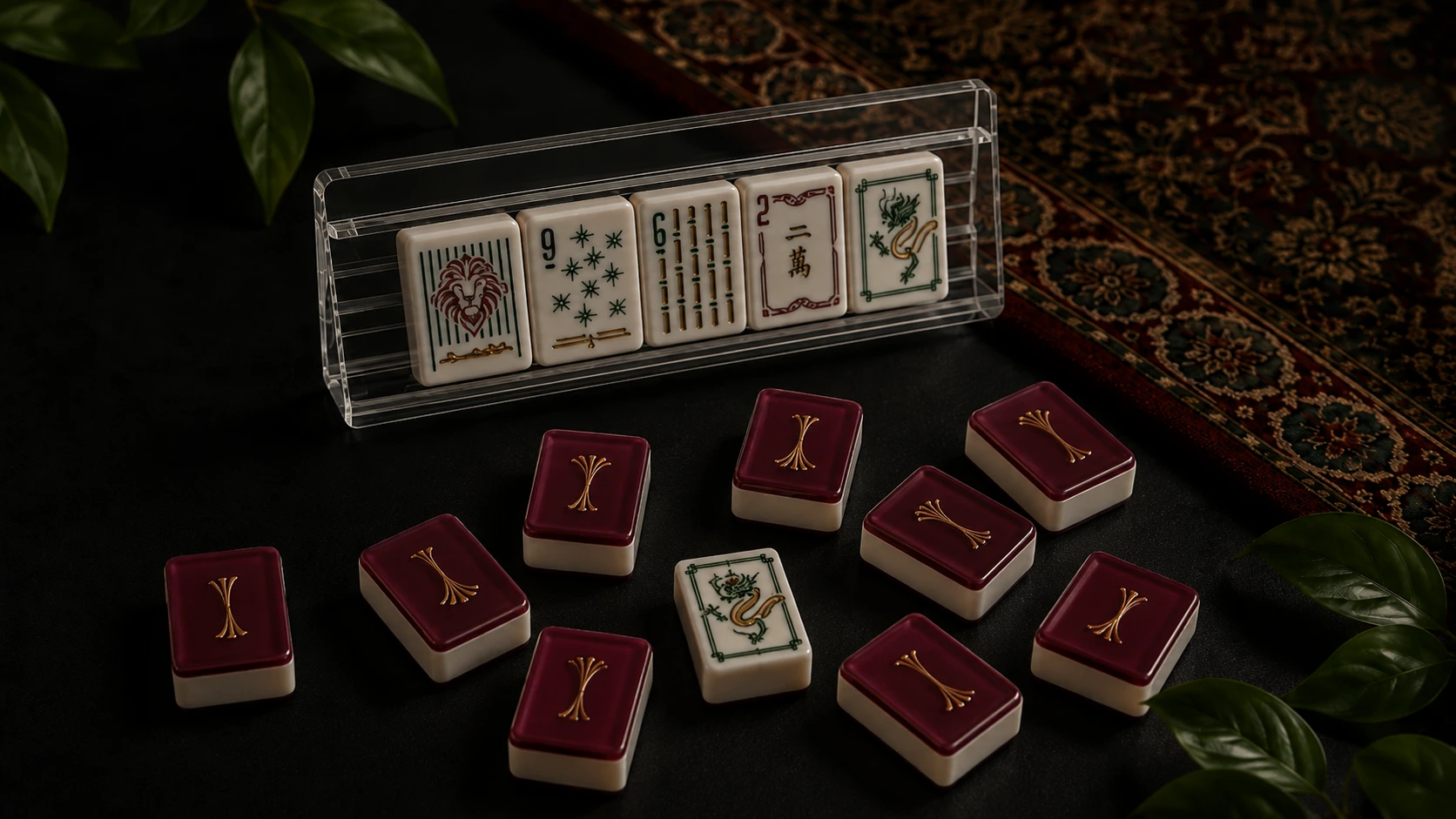 Luxury mahjong tiles with clear acrylic holder and dragon tile.