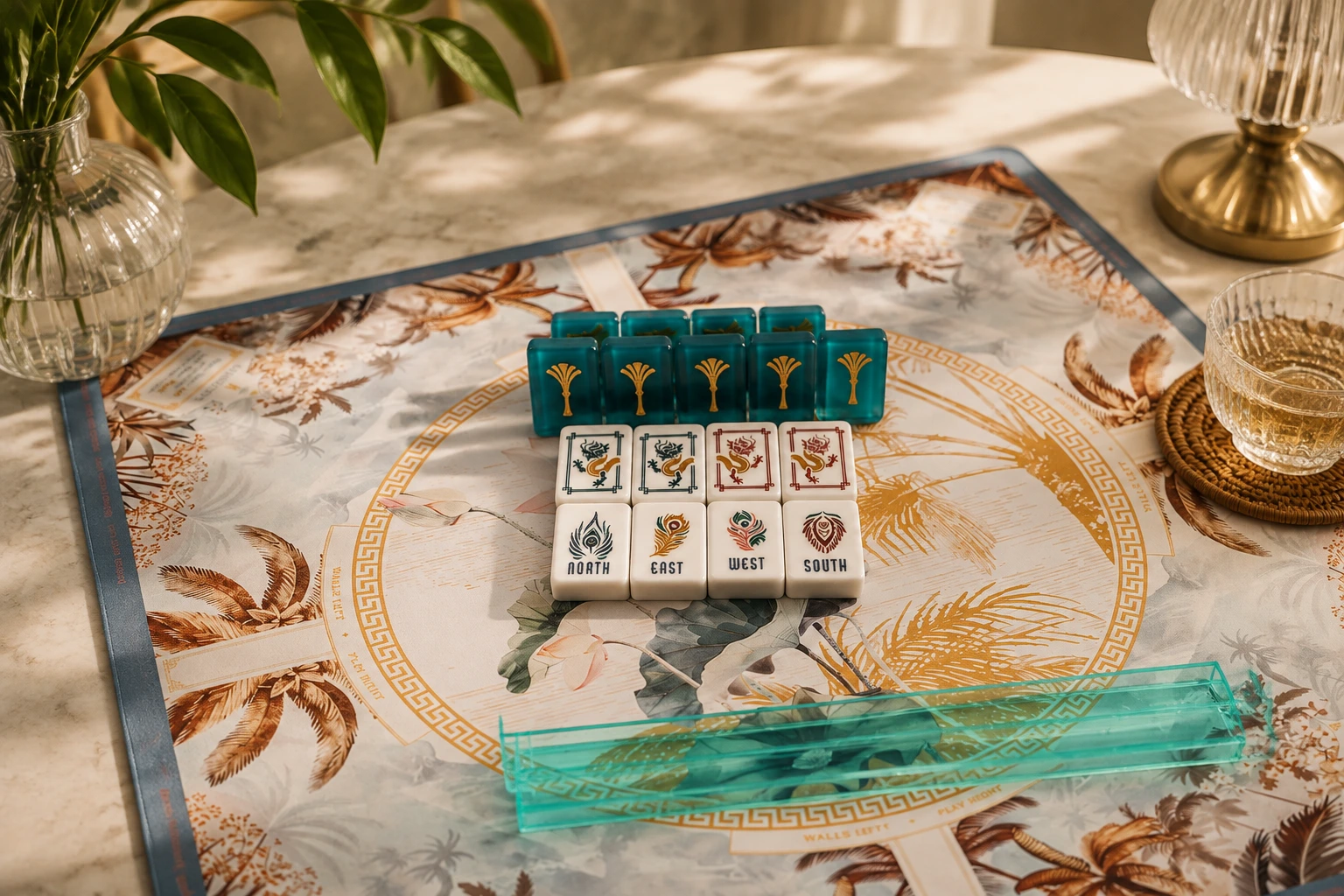 Custom mahjong set displayed in a luxury lifestyle scene.