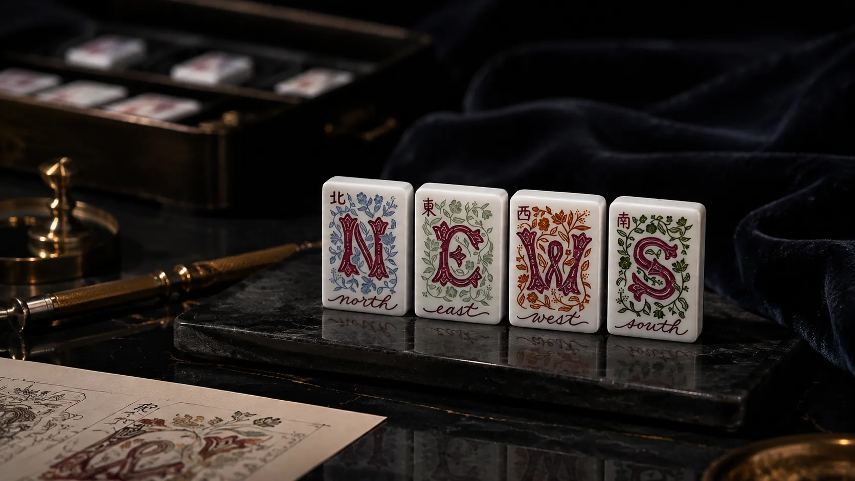 Luxury Mahjong team showcase with custom letter tiles in a premium dark setting