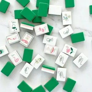 Green Acrylic Mahjong Tile Set with Floral and Botanical Designs