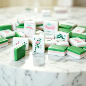 Green Three-Layer Acrylic Mahjong Tiles with Floral and Bird Designs