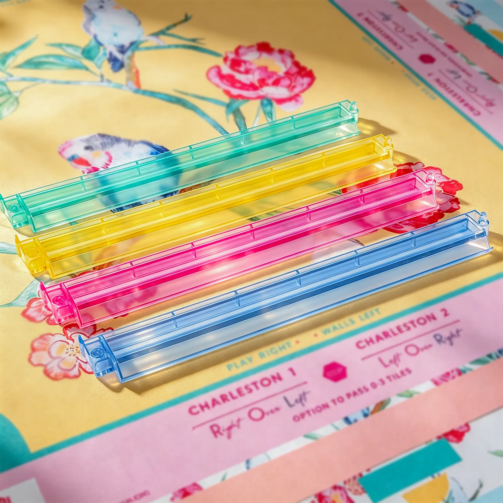 Colourful Polycarbonate Mahjong Racks on Printed Mahjong Mat
