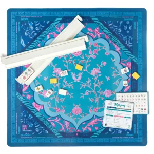 Blue Floral Mahjong Table Mat Set with Tile Racks and Accessories