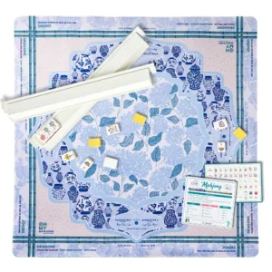 Blue and White Floral Mahjong Table Mat Set with Tile Racks and Accessories