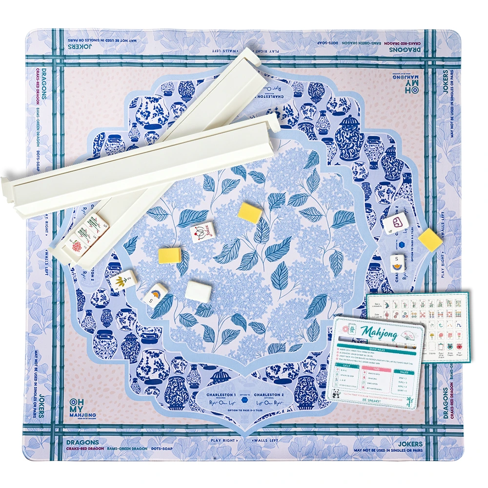 Blue and White Floral Mahjong Table Mat Set with Tile Racks and Accessories