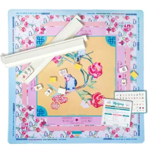 Pink and Blue Mahjong Table Mat Set with Tile Racks and Accessories