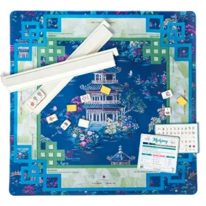 Blue Printed Mahjong Table Mat Set with Tile Racks and Accessories