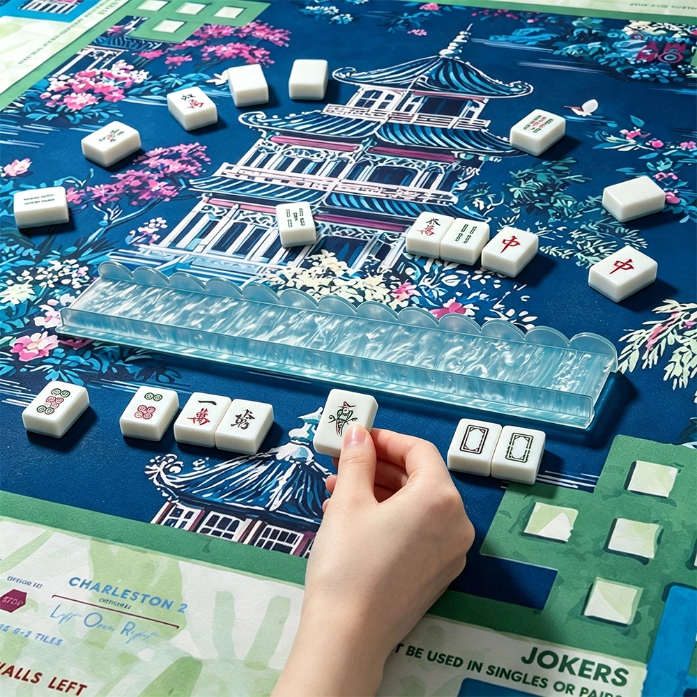Pearl Blue Acrylic Mahjong Tile Rack in Use