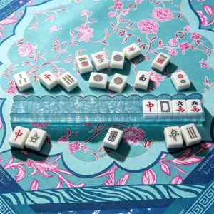Pearl Blue Acrylic Mahjong Tile Rack in Use
