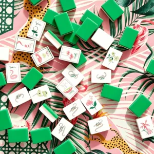 Green Three-Layer Mahjong Tiles on Tropical Pattern Background